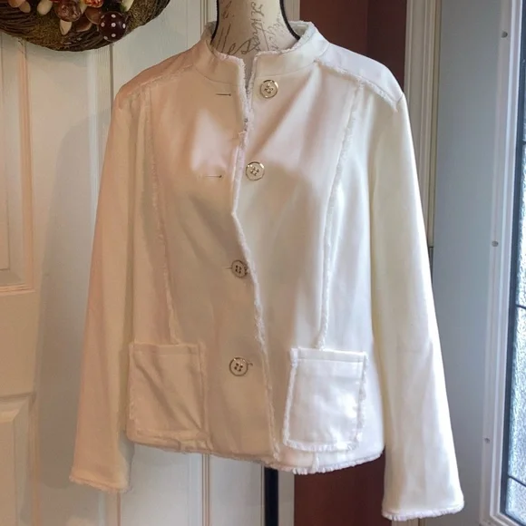 NWT Chicos Ponte Fringe Jacket Ecru Button Down sz 2 / Large / 12 - Picture 2 of 9